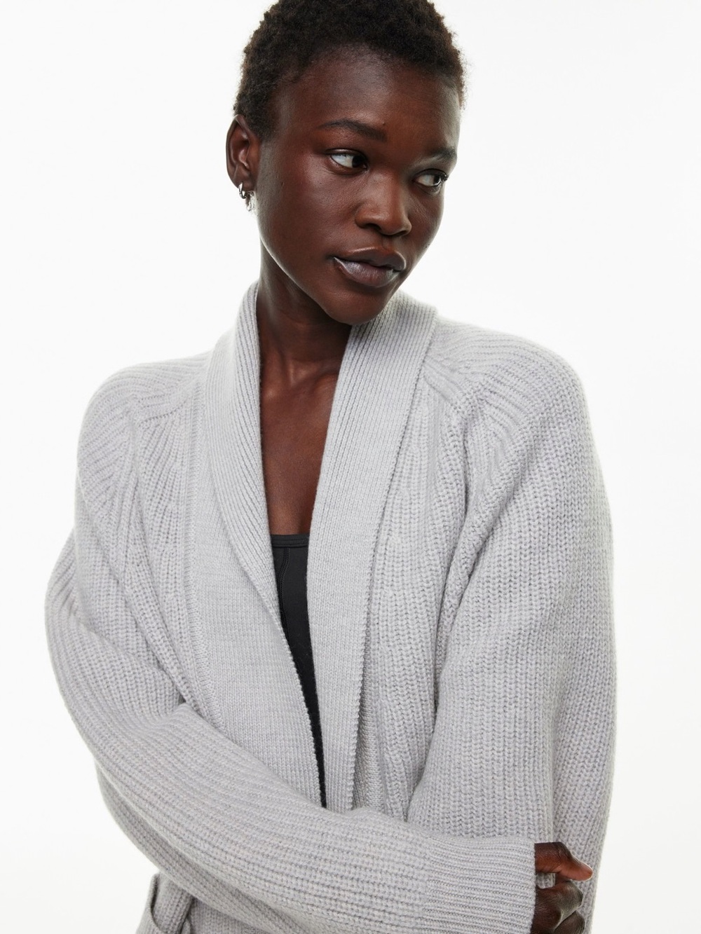 ARITZIA *100% WOOL* Wilfred Travel Cardigan Rib-Knit - Heather Light Gray SMALL